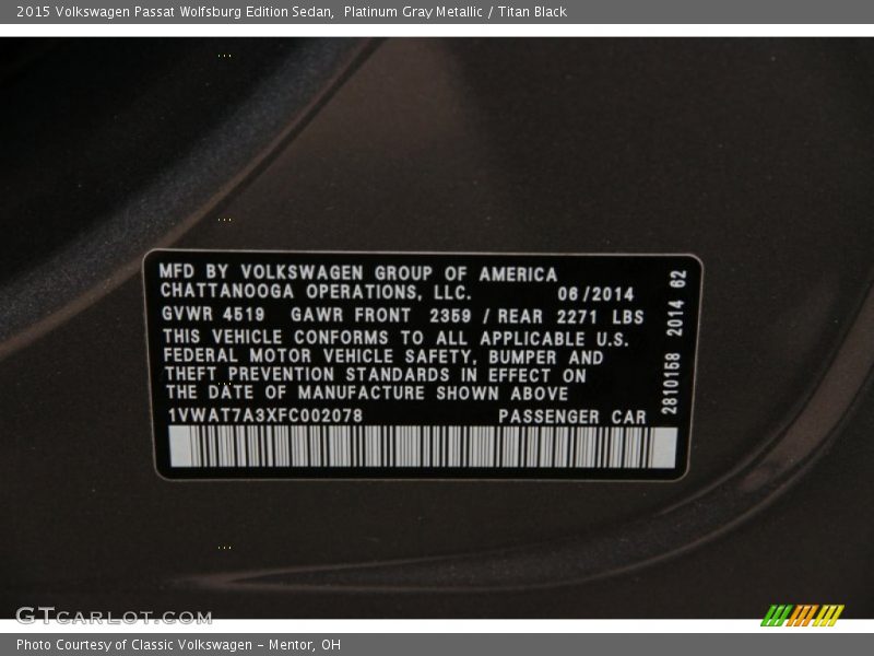 Platinum Gray Metallic / Titan Black 2015 Volkswagen Passat Wolfsburg Edition Sedan