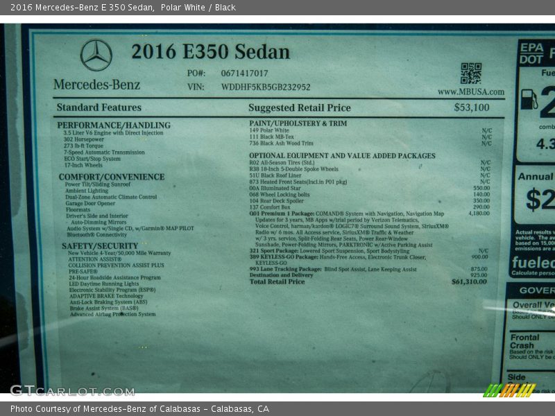  2016 E 350 Sedan Window Sticker