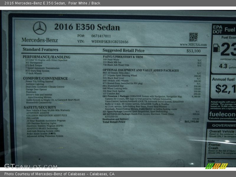  2016 E 350 Sedan Window Sticker