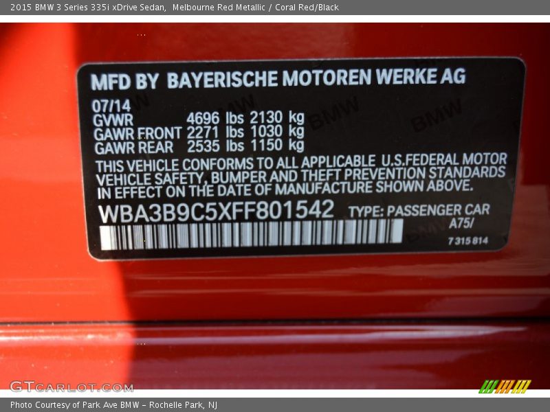 2015 3 Series 335i xDrive Sedan Melbourne Red Metallic Color Code A75