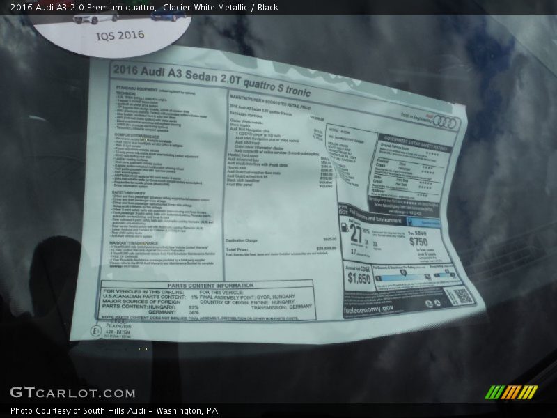 Glacier White Metallic / Black 2016 Audi A3 2.0 Premium quattro