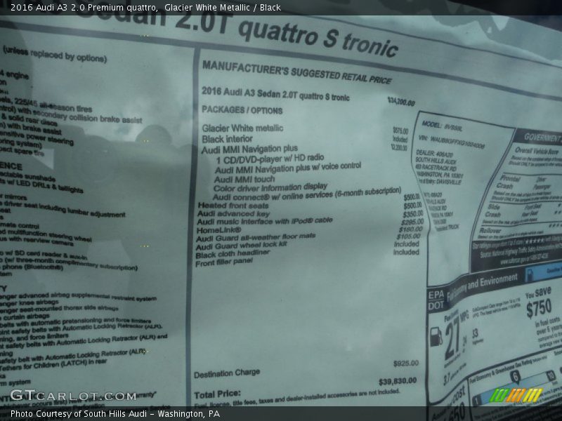 Glacier White Metallic / Black 2016 Audi A3 2.0 Premium quattro