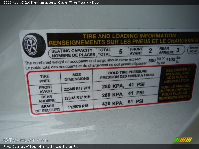 Info Tag of 2016 A3 2.0 Premium quattro