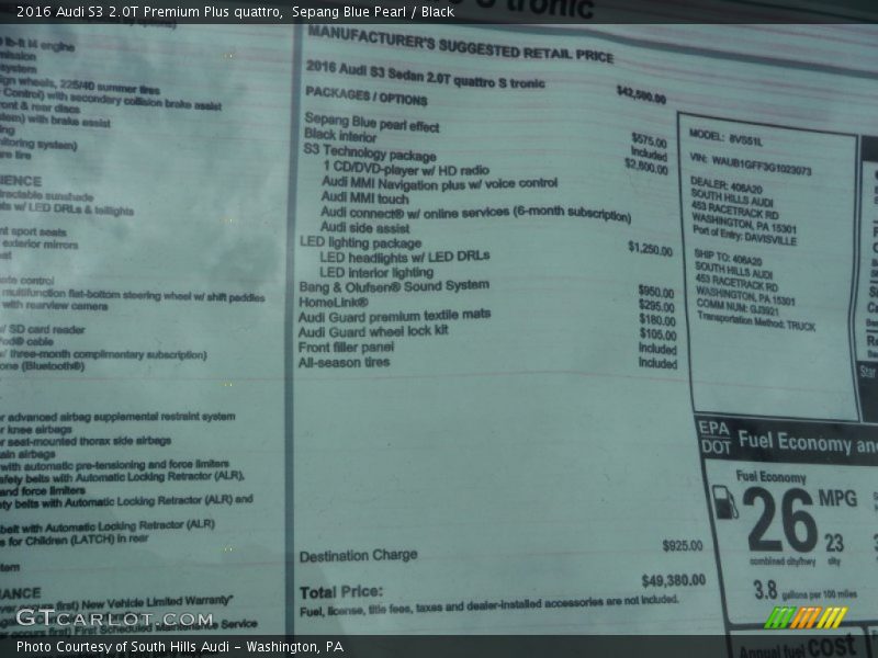  2016 S3 2.0T Premium Plus quattro Window Sticker