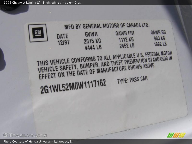 Bright White / Medium Gray 1998 Chevrolet Lumina LS