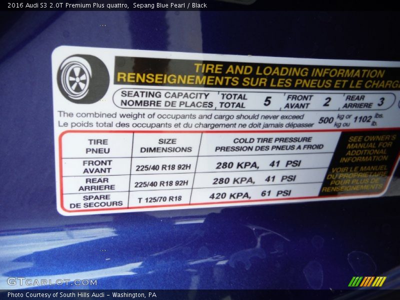 Info Tag of 2016 S3 2.0T Premium Plus quattro