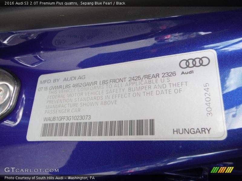 Sepang Blue Pearl / Black 2016 Audi S3 2.0T Premium Plus quattro