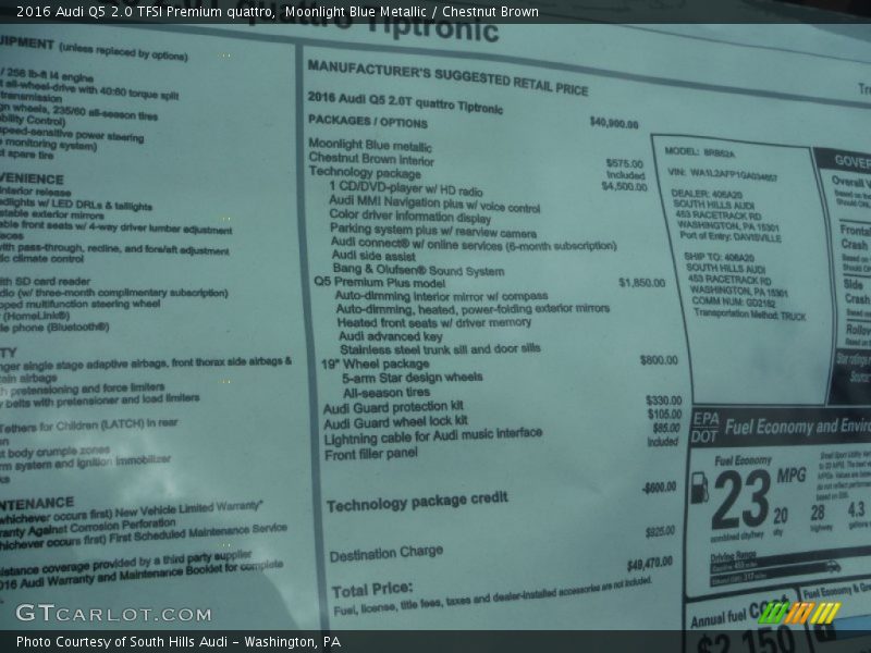 Moonlight Blue Metallic / Chestnut Brown 2016 Audi Q5 2.0 TFSI Premium quattro