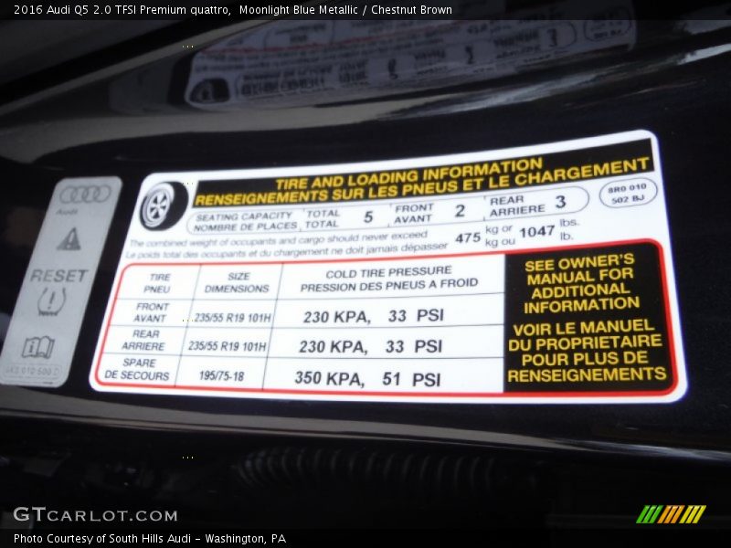 Moonlight Blue Metallic / Chestnut Brown 2016 Audi Q5 2.0 TFSI Premium quattro