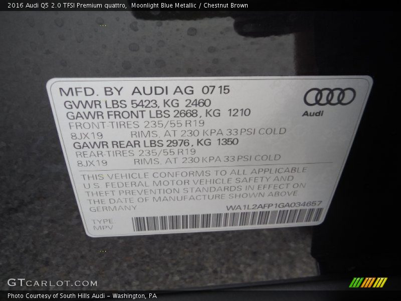 Moonlight Blue Metallic / Chestnut Brown 2016 Audi Q5 2.0 TFSI Premium quattro