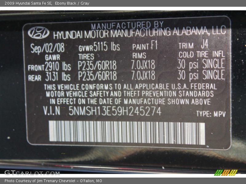 Ebony Black / Gray 2009 Hyundai Santa Fe SE