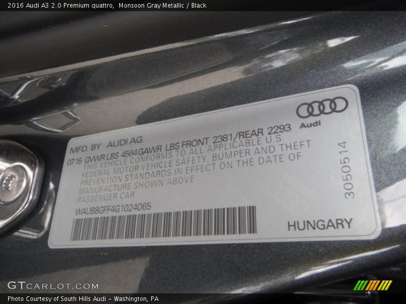 Monsoon Gray Metallic / Black 2016 Audi A3 2.0 Premium quattro