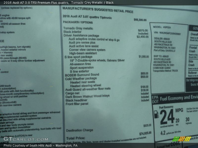  2016 A7 3.0 TFSI Premium Plus quattro Window Sticker
