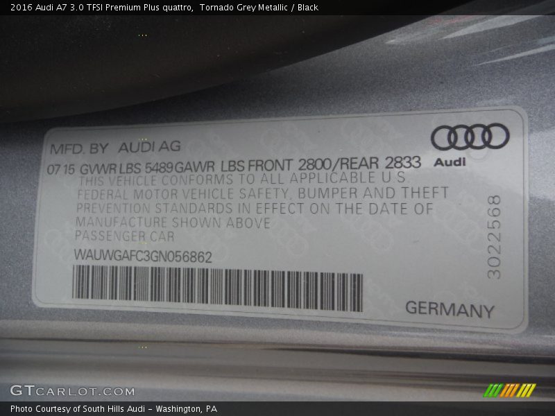 Tornado Grey Metallic / Black 2016 Audi A7 3.0 TFSI Premium Plus quattro