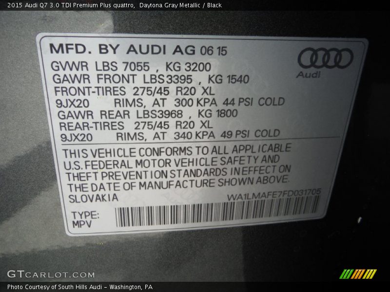 Daytona Gray Metallic / Black 2015 Audi Q7 3.0 TDI Premium Plus quattro