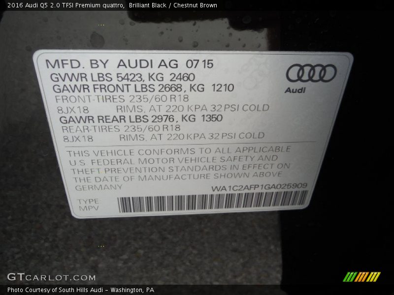 Brilliant Black / Chestnut Brown 2016 Audi Q5 2.0 TFSI Premium quattro
