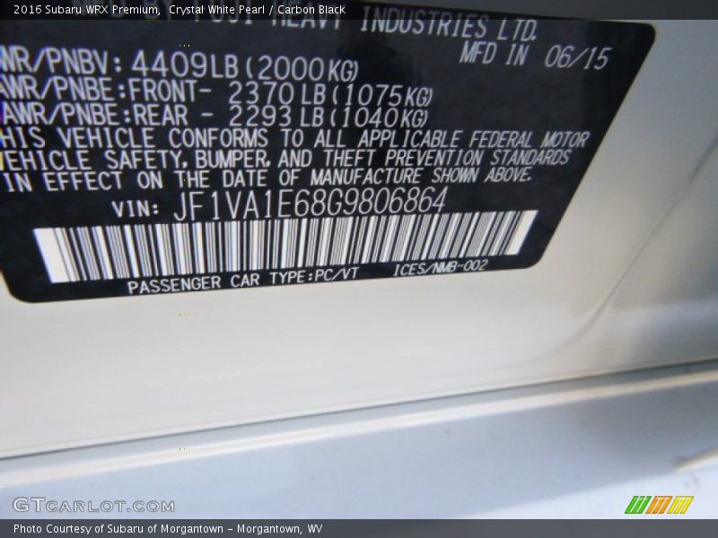 Crystal White Pearl / Carbon Black 2016 Subaru WRX Premium