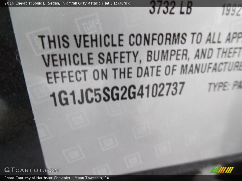 Nightfall Gray Metallic / Jet Black/Brick 2016 Chevrolet Sonic LT Sedan