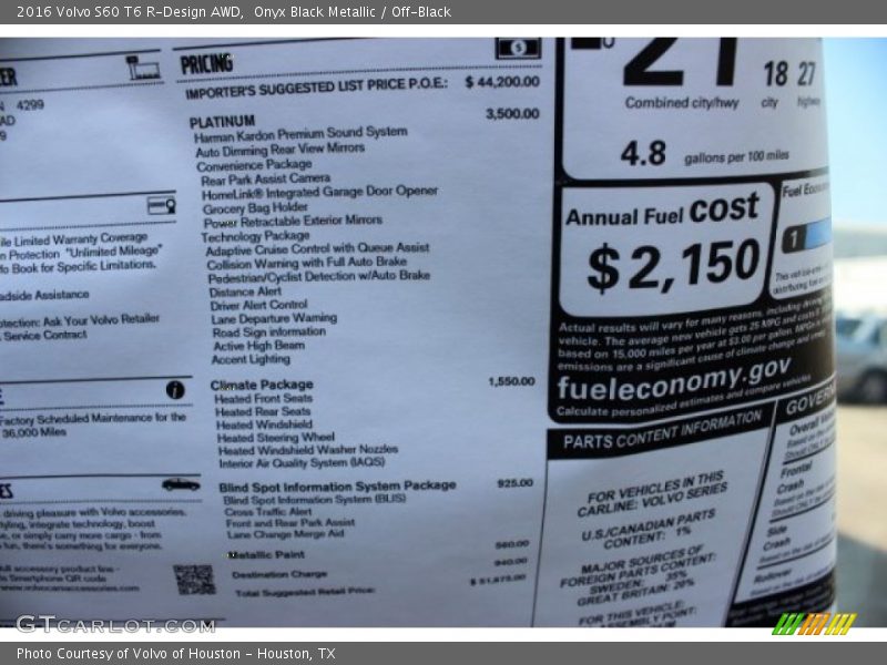  2016 S60 T6 R-Design AWD Window Sticker