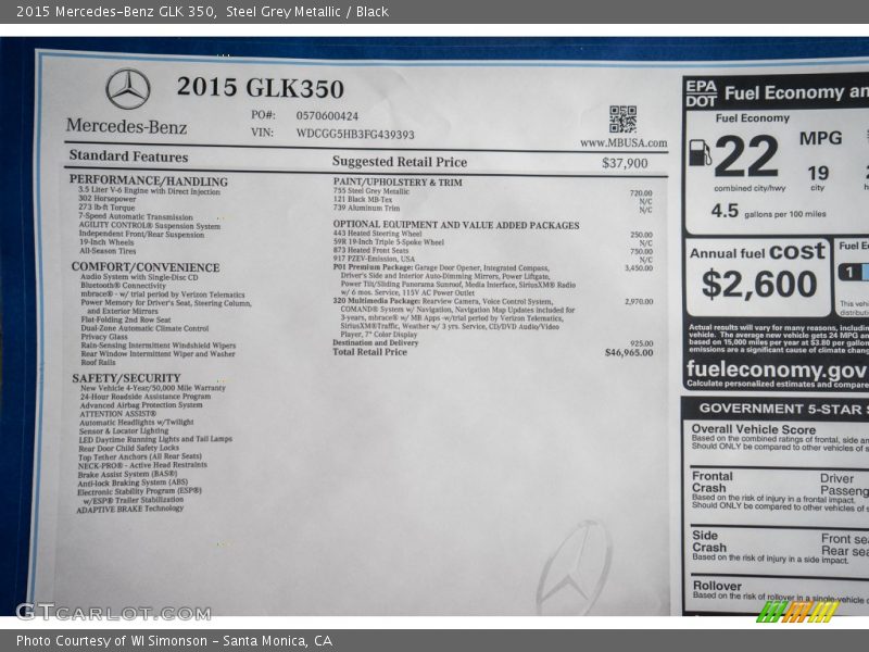 Steel Grey Metallic / Black 2015 Mercedes-Benz GLK 350