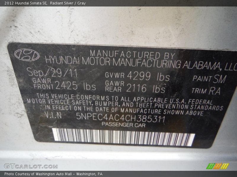 Radiant Silver / Gray 2012 Hyundai Sonata SE