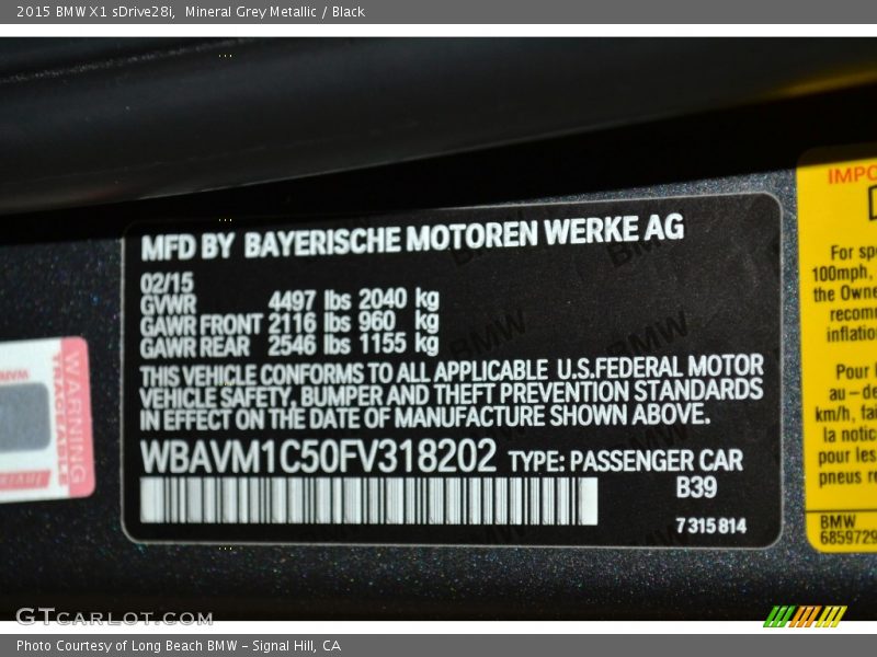 Mineral Grey Metallic / Black 2015 BMW X1 sDrive28i