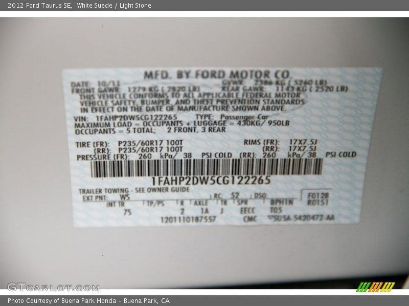 White Suede / Light Stone 2012 Ford Taurus SE