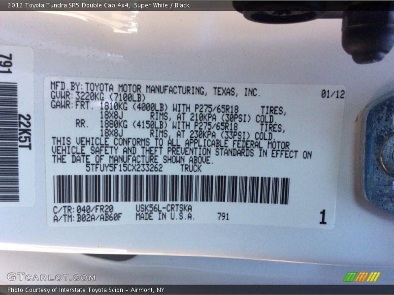 Super White / Black 2012 Toyota Tundra SR5 Double Cab 4x4