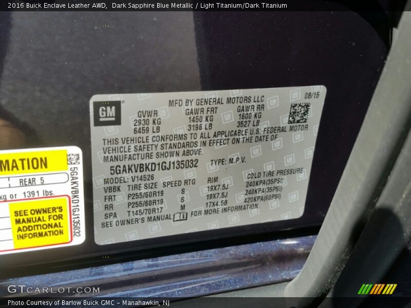 Dark Sapphire Blue Metallic / Light Titanium/Dark Titanium 2016 Buick Enclave Leather AWD