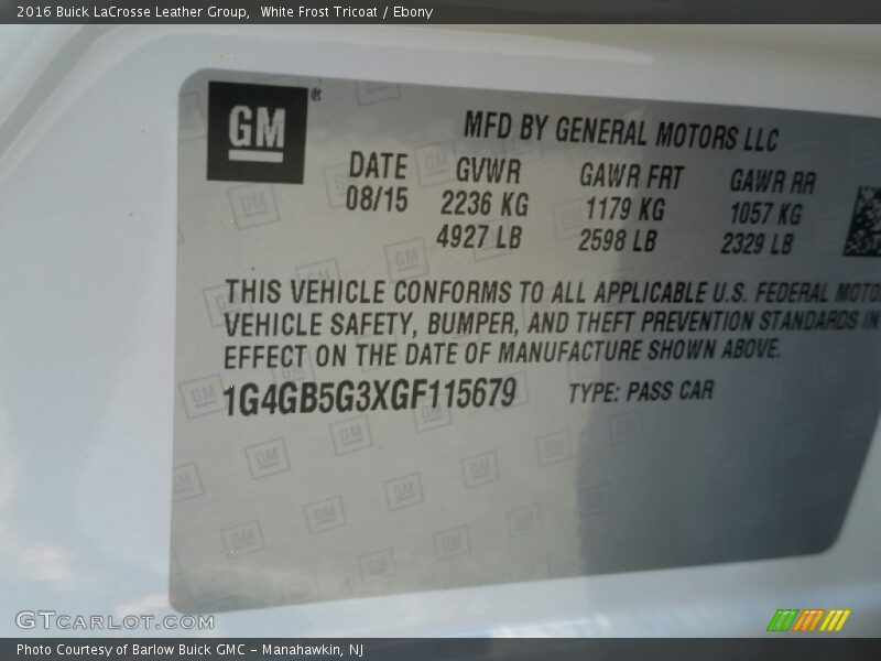 White Frost Tricoat / Ebony 2016 Buick LaCrosse Leather Group