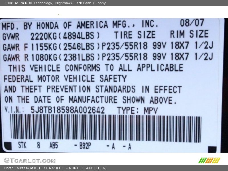 Nighthawk Black Pearl / Ebony 2008 Acura RDX Technology