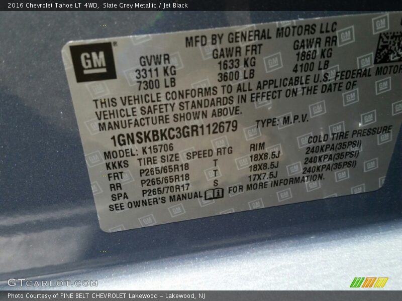 Slate Grey Metallic / Jet Black 2016 Chevrolet Tahoe LT 4WD