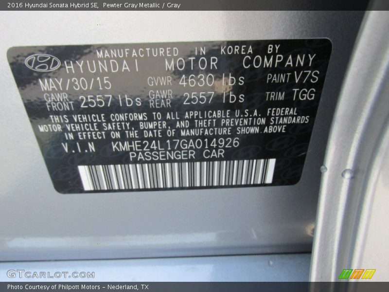 Pewter Gray Metallic / Gray 2016 Hyundai Sonata Hybrid SE