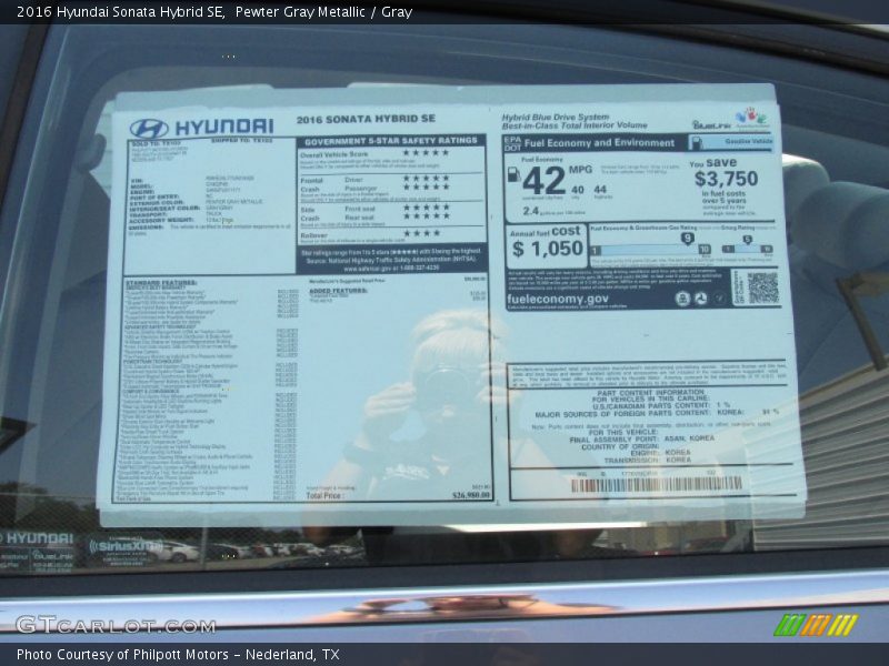 Pewter Gray Metallic / Gray 2016 Hyundai Sonata Hybrid SE