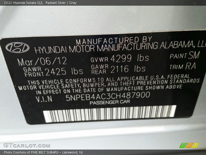 Radiant Silver / Gray 2012 Hyundai Sonata GLS