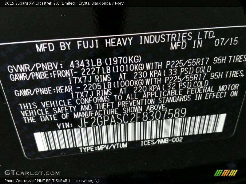 Crystal Black Silica / Ivory 2015 Subaru XV Crosstrek 2.0i Limited