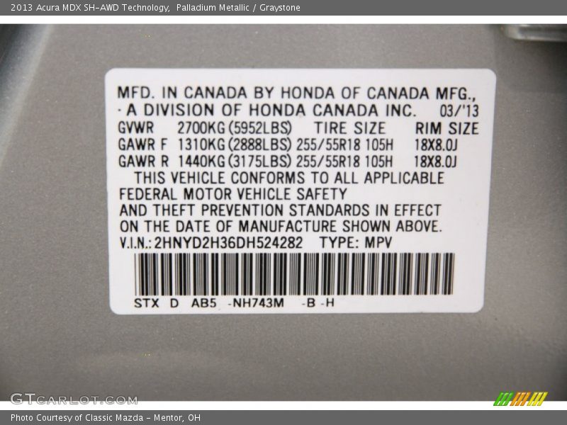 Palladium Metallic / Graystone 2013 Acura MDX SH-AWD Technology