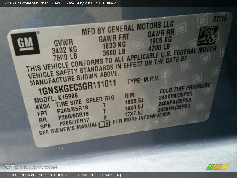 Slate Grey Metallic / Jet Black 2016 Chevrolet Suburban LS 4WD
