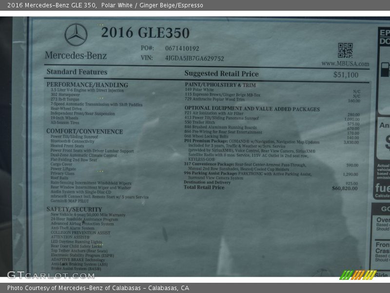  2016 GLE 350 Window Sticker