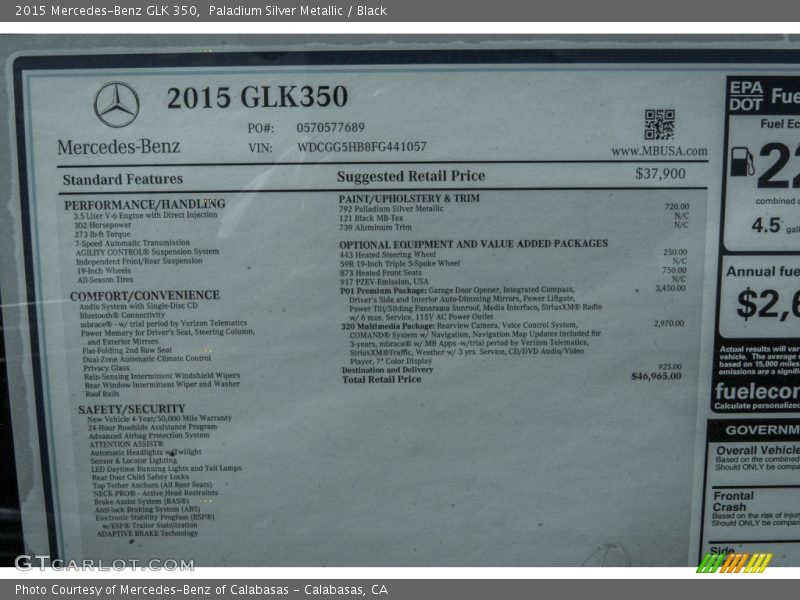 Paladium Silver Metallic / Black 2015 Mercedes-Benz GLK 350