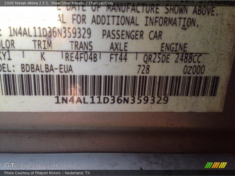 Sheer Silver Metallic / Charcoal/Gray 2006 Nissan Altima 2.5 S