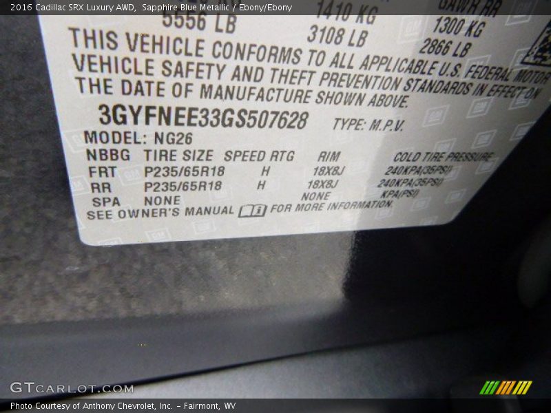 Sapphire Blue Metallic / Ebony/Ebony 2016 Cadillac SRX Luxury AWD