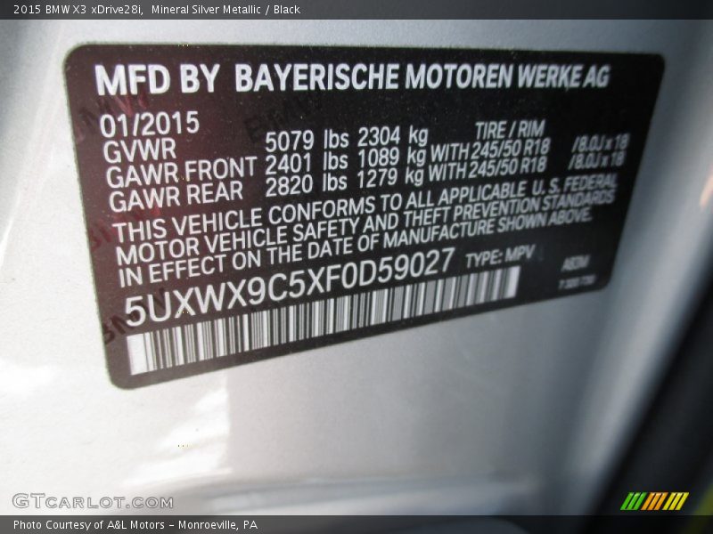 Mineral Silver Metallic / Black 2015 BMW X3 xDrive28i