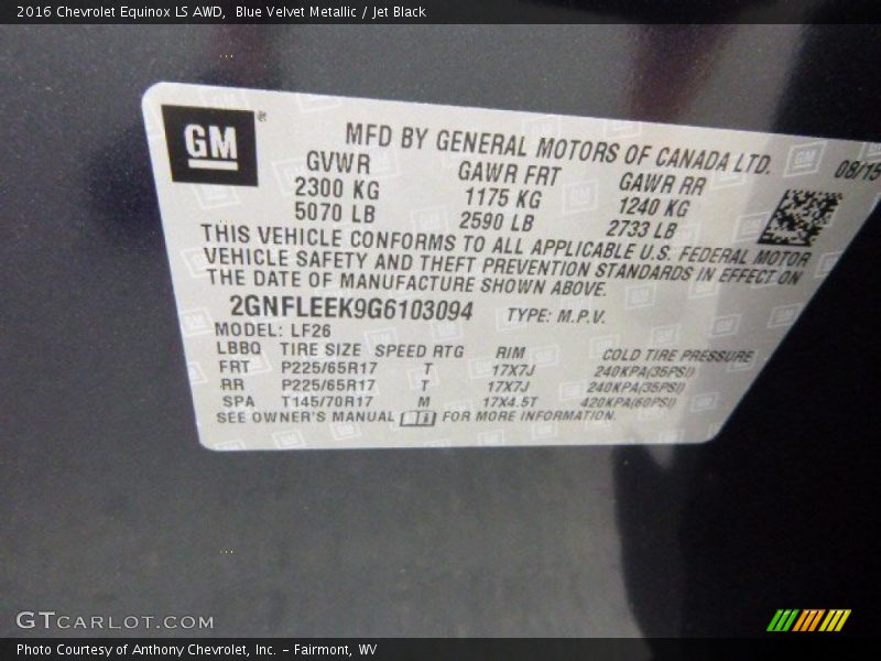 Blue Velvet Metallic / Jet Black 2016 Chevrolet Equinox LS AWD