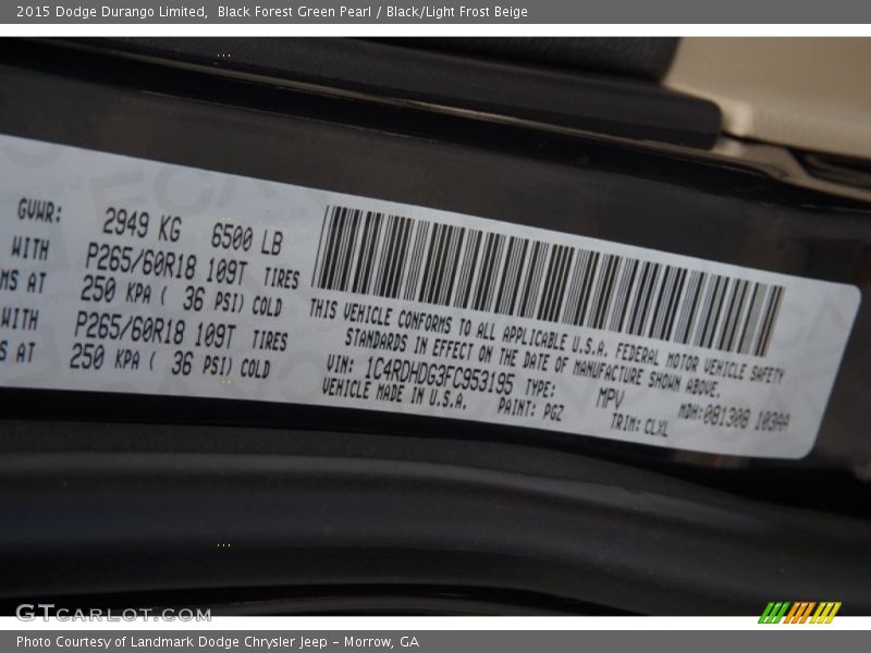 Black Forest Green Pearl / Black/Light Frost Beige 2015 Dodge Durango Limited