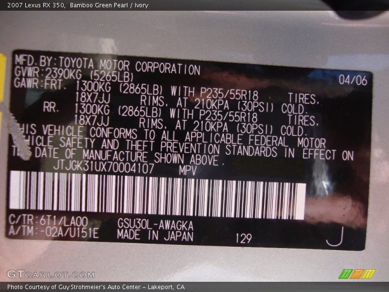 Bamboo Green Pearl / Ivory 2007 Lexus RX 350