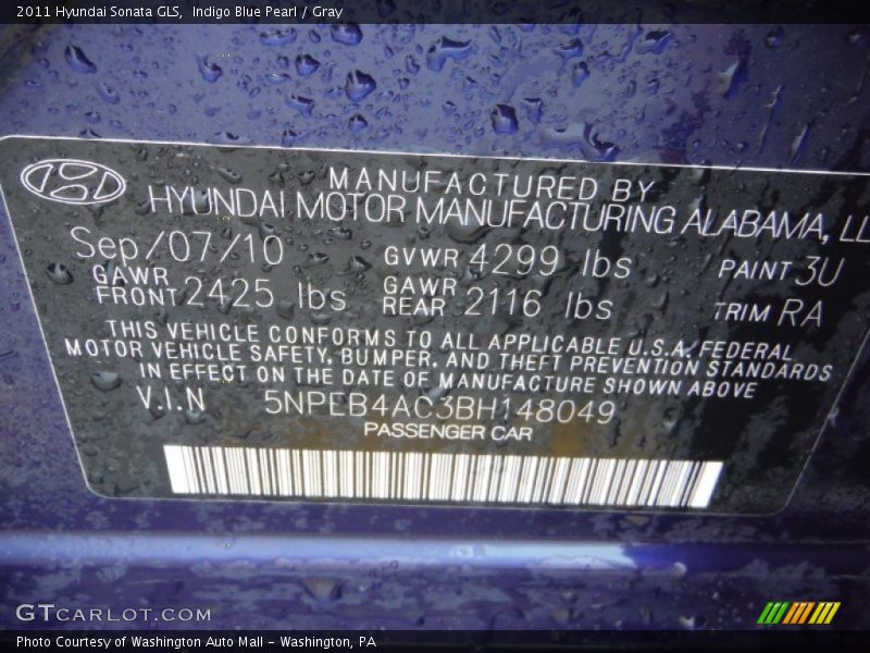 Indigo Blue Pearl / Gray 2011 Hyundai Sonata GLS