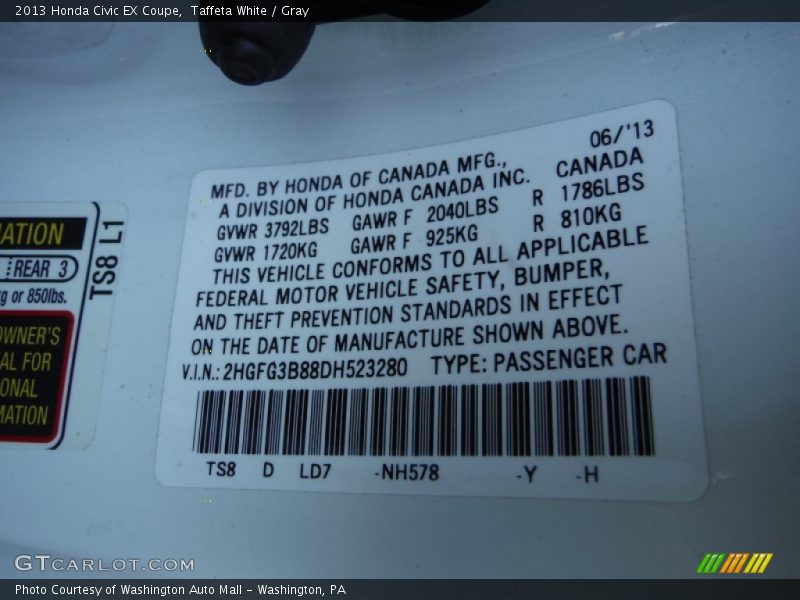 Taffeta White / Gray 2013 Honda Civic EX Coupe