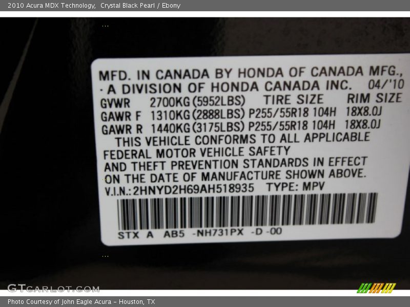 Crystal Black Pearl / Ebony 2010 Acura MDX Technology