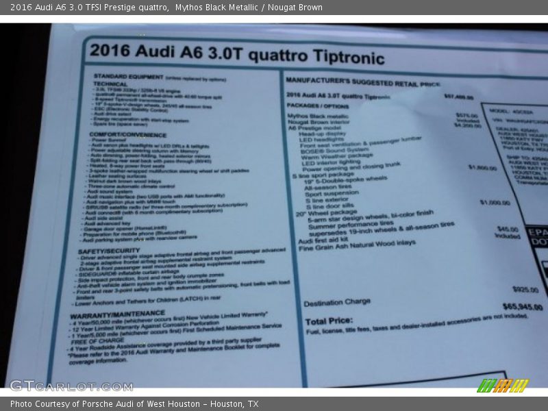  2016 A6 3.0 TFSI Prestige quattro Window Sticker